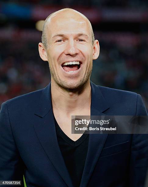 Arjen Robben of Bayern Muenchen laughs prior to the UEFA Champions League Quarter Final Second Leg match between FC Bayern Muenchen and FC Porto at...