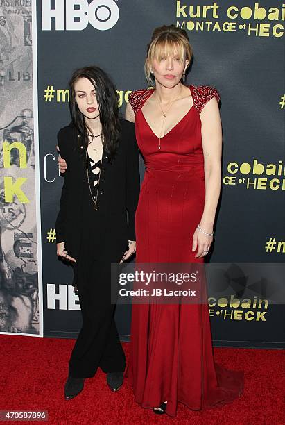 Frances Bean Cobain and Courtney Love attend the Los Angeles premiere of HBO Documentary Films 'Kurt Cobain: Montage Of Heck' on April 21, 2015 in...