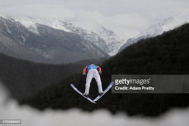 Jason Lamy-Chappuis of France performs a trial jump ahead of the Nordic Combined Men's Team LH during day 13 of the Sochi 2014 Winter Olympics at...