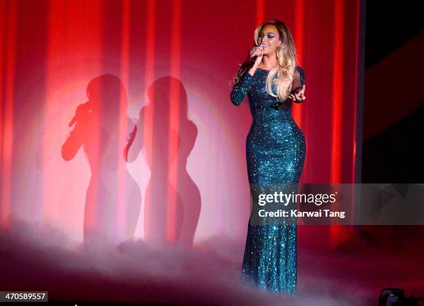 Beyonce performs at The BRIT Awards 2014 at 02 Arena on February 19, 2014 in London, England.