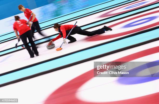 Eve Muirhead of Great Britain in action during the Bronze medal match between Switzerland and Great Britain on day 13 of the Sochi 2014 Winter...