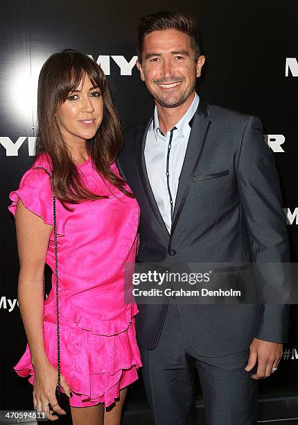 Harry Kewell and his wife Sheree Murphy arrive at the Myer Autumn Winter 2014 Fashion Launch at Myer Mural Hall on February 20, 2014 in Melbourne,...