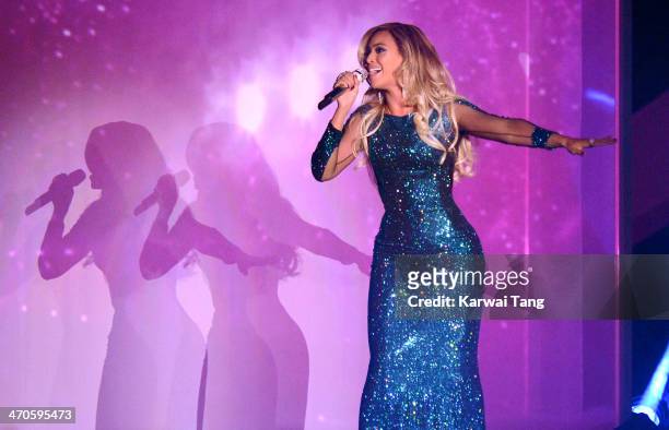 Beyonce performs at The BRIT Awards 2014 at 02 Arena on February 19, 2014 in London, England.
