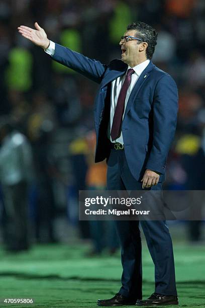 Jose Manuel de la Torre coach of Chivas reacts during a Championship match between Puebla and Chivas as part of Copa MX Clausura 2015 at Olimpico...