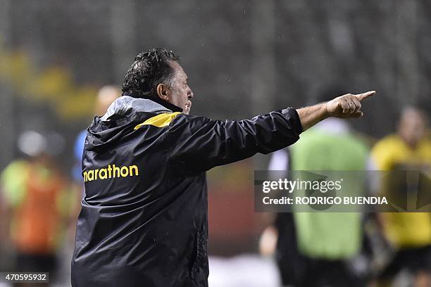 Ecuador's Barcelona coach Ruben Israel gestures during their Copa Libertadores football match at Monumental stadium in Guayaquil, Ecuador, on April...