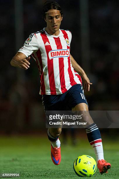 Aldo De Nigris of Chivas drives the ball during a Championship match between Puebla and Chivas as part of Copa MX Clausura 2015 at Olimpico...