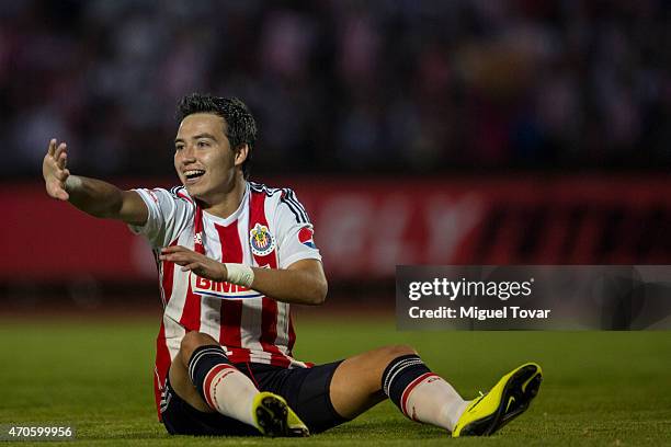 Erick Torres of Chivas gestures during a Championship match between Puebla and Chivas as part of Copa MX Clausura 2015 at Olimpico Universitario BUAP...