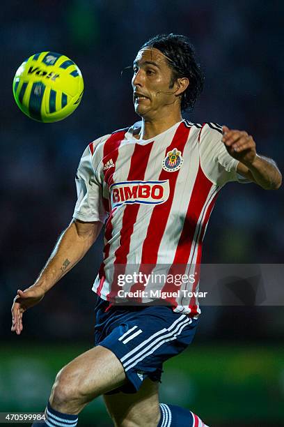 Aldo De Nigris of Chivas drives the ball during a Championship match between Puebla and Chivas as part of Copa MX Clausura 2015 at Olimpico...