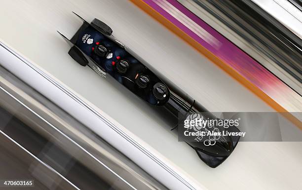 John Jackson, Stuart Benson, Bruce Tasker and Joel Fearon of Great Britain in action during a four-man bobsleigh practice session on Day 13 of the...