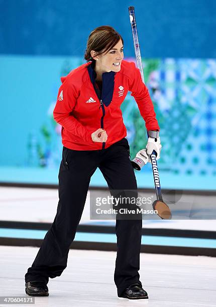 Eve Muirhead of Great Britain celebrates as Team GB win the bronze medal with the final stone during the Bronze medal match between Switzerland and...