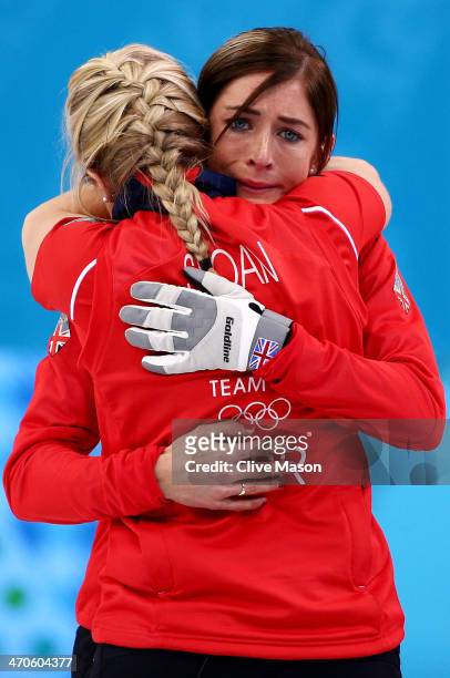Eve Muirhead of Great Britain shows her emotions as she celebrates with Anna Sloan as Team GB win the bronze medal during the Bronze medal match...