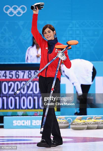 Eve Muirhead of Great Britain celebrates as Team GB win the bronze medal during the Bronze medal match between Switzerland and Great Britain on day...