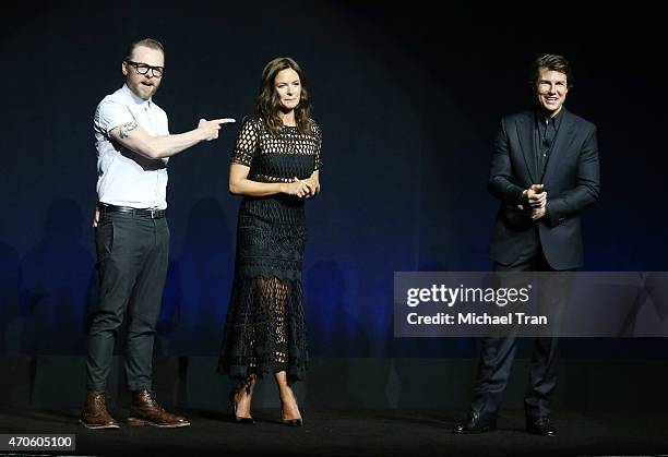 Simon Pegg, Rebecca Ferguson and Tom Cruise speak onstage at 2015 CinemaCon - The State Of The Industry Past, Present and Future Paramount...