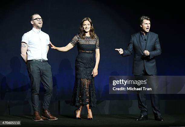 Simon Pegg, Rebecca Ferguson and Tom Cruise speak onstage at 2015 CinemaCon - The State Of The Industry Past, Present and Future Paramount...