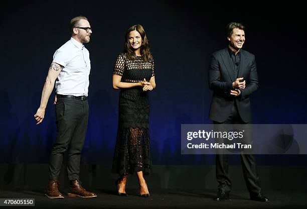 Simon Pegg, Rebecca Ferguson and Tom Cruise speak onstage at 2015 CinemaCon - The State Of The Industry Past, Present and Future Paramount...