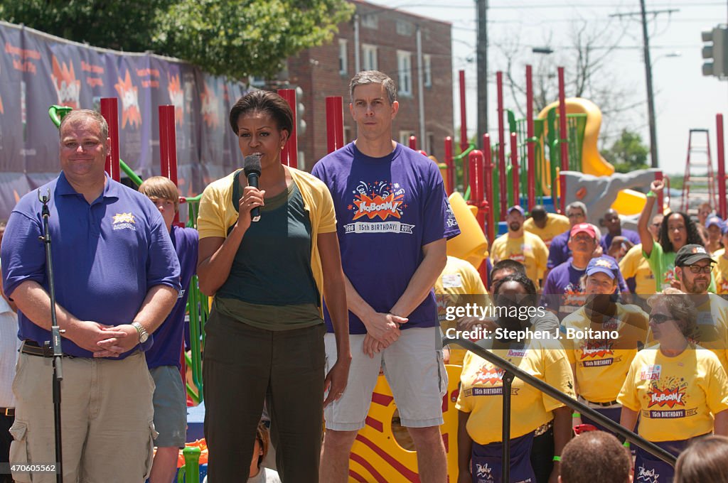 First Lady Michelle Obama helps Kaboom , a non-profit,...