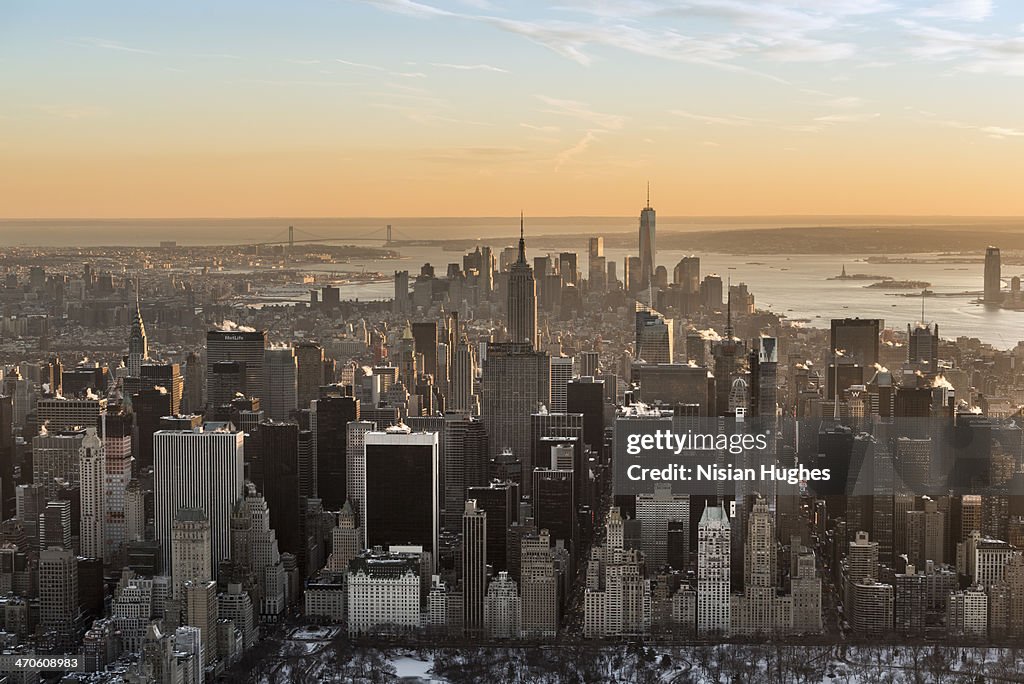 Aerial over Central Park looking at New York City
