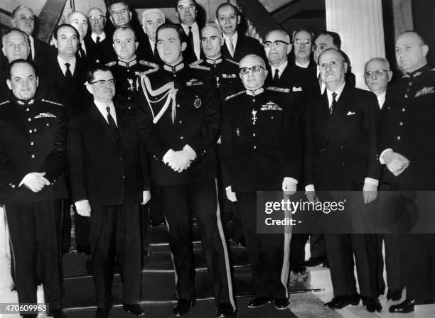 Picture dated 28 April 1967 of King Constantin II surrounded by the junta Government at the swearing-in ceremony of the Dictators. From L to R :...