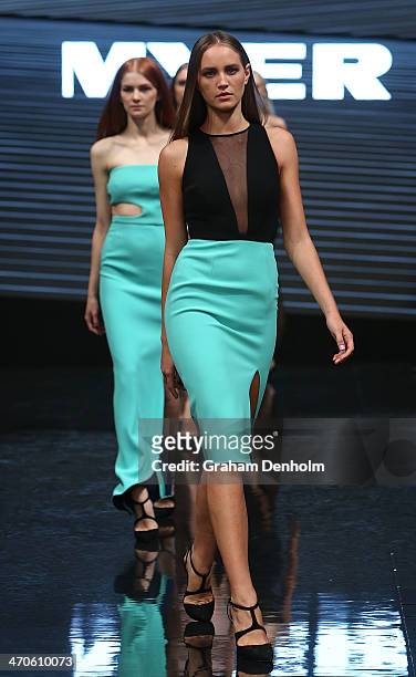 Models showcase designs by Yeojin Bae during the Myer Autumn Winter 2014 Fashion Launch at Myer Mural Hall on February 20, 2014 in Melbourne,...