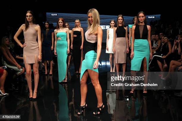 Jennifer Hawkins showcases designs by Yeojin Bae during the Myer Autumn Winter 2014 Fashion Launch at Myer Mural Hall on February 20, 2014 in...