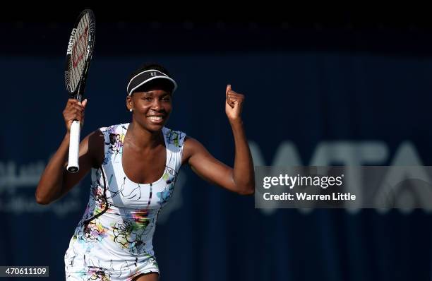 Venus Williams of the USA celebrates winning her match against Flavia Pennetta of Italy during day four of the WTA Dubai Duty Free Tennis...