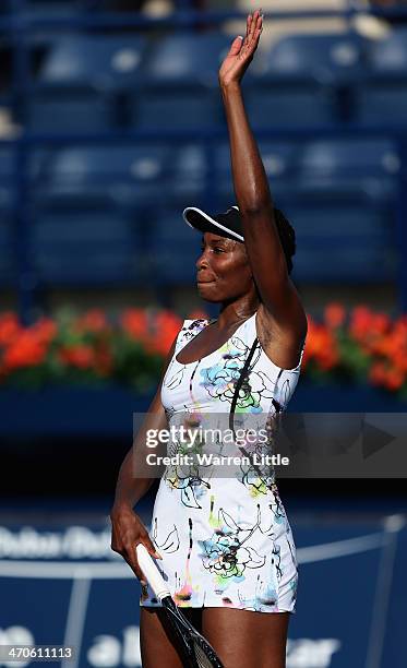 Venus Williams of the USA celebrates winning her match against Flavia Pennetta of Italy during day four of the WTA Dubai Duty Free Tennis...