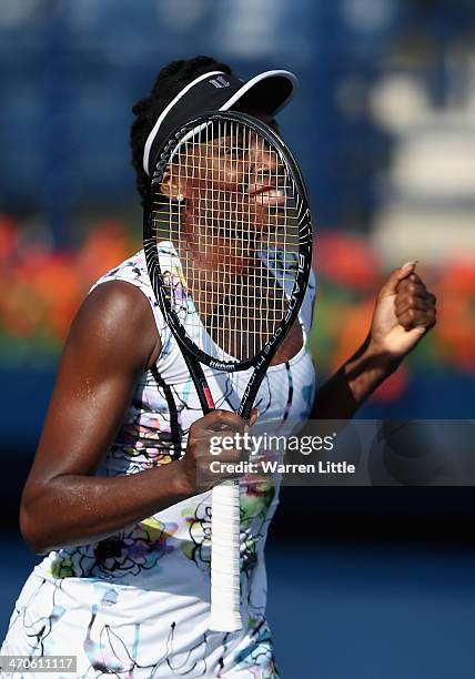 Venus Williams of the USA celebrates winning her match against Flavia Pennetta of Italy during day four of the WTA Dubai Duty Free Tennis...