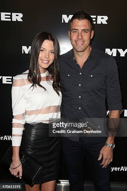Former AFL player Matthew Richardson and Genevieve Holliday arrive at the Myer Autumn Winter 2014 Fashion Launch at Myer Mural Hall on February 20,...