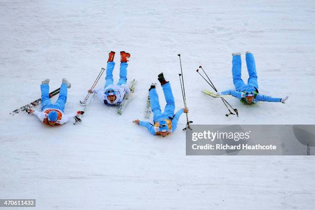 Gold medalists Magnus Hovdal Moan, Haavard Klemetsen, Magnus Krog and Joergen Graabak of Norway celebrate after the Nordic Combined Men's Team 4 x 5...