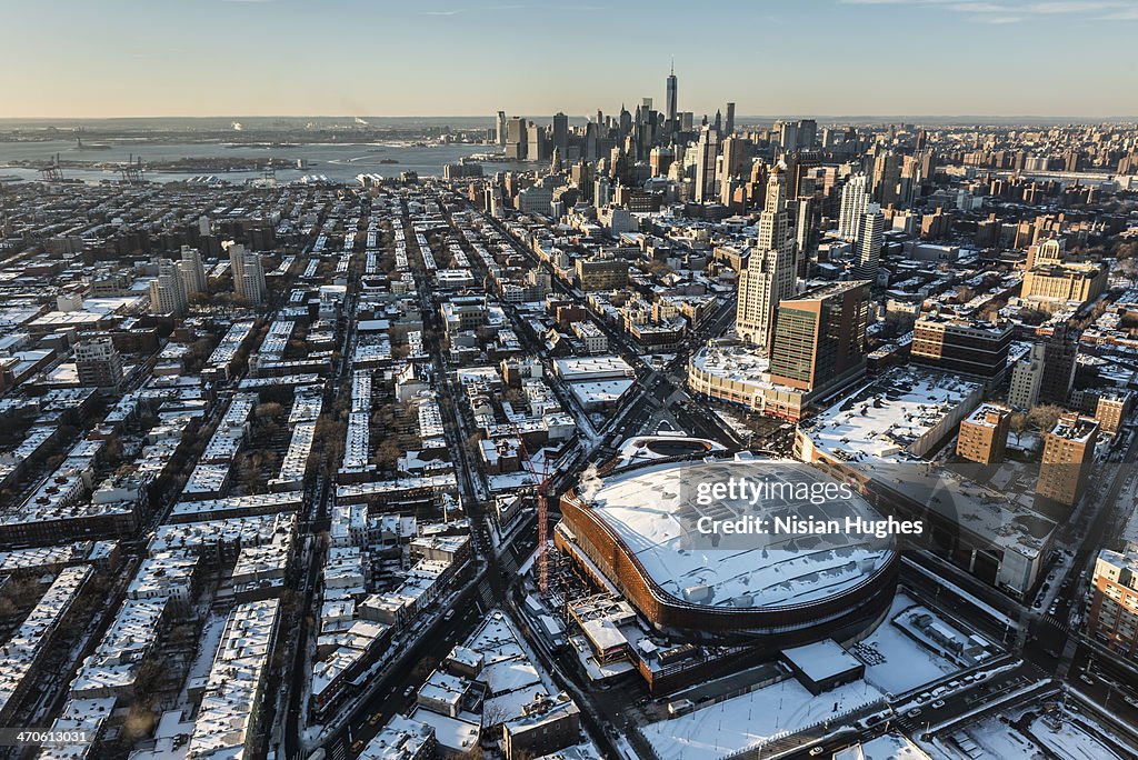 Aerial over Brooklyn in the snow