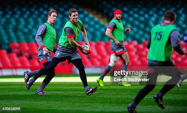 Wales fly half Rhys Priestland releases the ball during the Wales captains run ahead of tomorrow nights six nations game against France at Millennium...