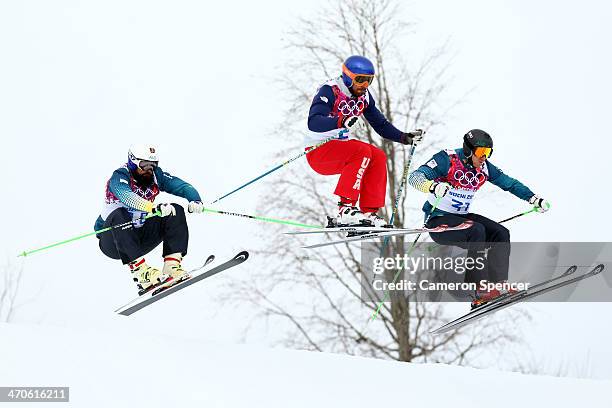 Anton Grimus of Australia, John Teller of the United States and Scott Kneller of Australia practice ahead of the Freestyle Skiing Men's Ski Cross...
