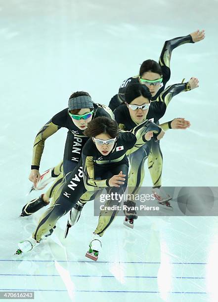 Maki Tabata, Ayaka Kikuchi, Nana Takagi and Misaki Oshigiri of Japan train during Ladies Pursuit Official Training during day 13 of the Sochi 2014...