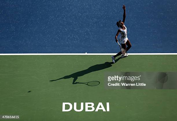Venus Williams of the USA in action against Flavia Pennetta of Italy during day four of the WTA Dubai Duty Free Tennis Championships at the Dubai...