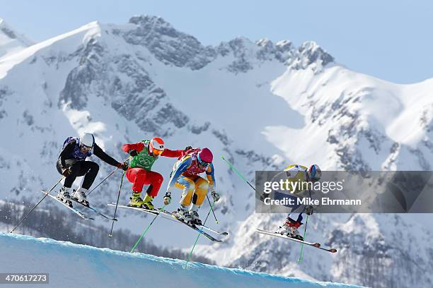Jouni Pellinen of Finland, Armin Niederer of Switzerland, Victor Oehling Norberg of Sweden and Egor Korotkov of Russia compete during the Freestyle...