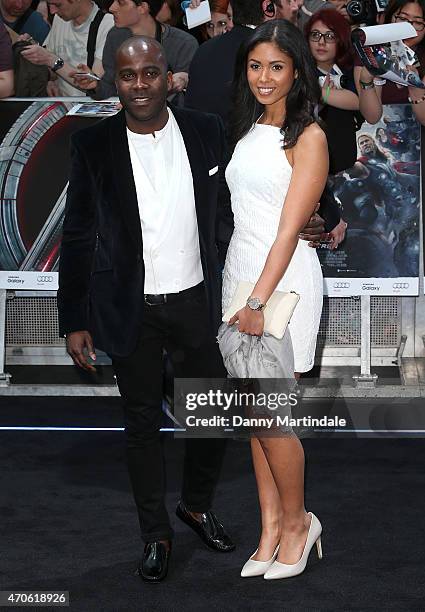 Melvin Odoom and friend attend the European premiere of "The Avengers: Age Of Ultron" at Westfield London on April 21, 2015 in London, England.