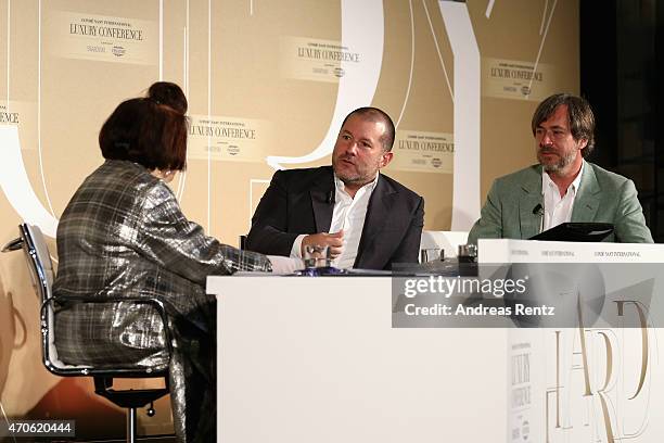 International Vogue Editor Suzy Menkes, Vice President of Design at Apple Jonathan Ive and Designer Marc Newson attend the Conde' Nast International...