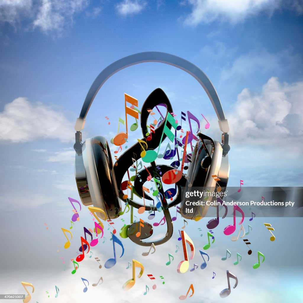 Headphones blaring musical notes