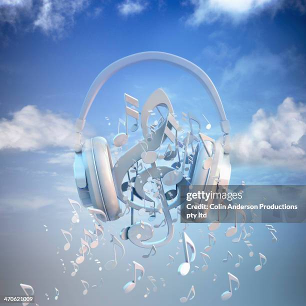 headphones blaring musical notes - treble clef stock pictures, royalty-free photos & images