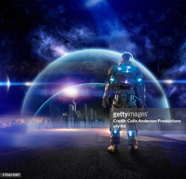 caucasian soldier wearing glowing armor - pre game stockfoto's en -beelden