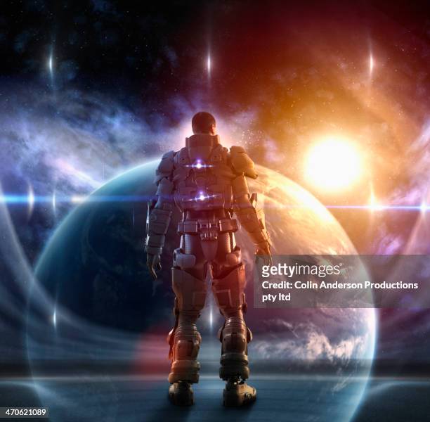 caucasian soldier wearing glowing armor - pre game stockfoto's en -beelden