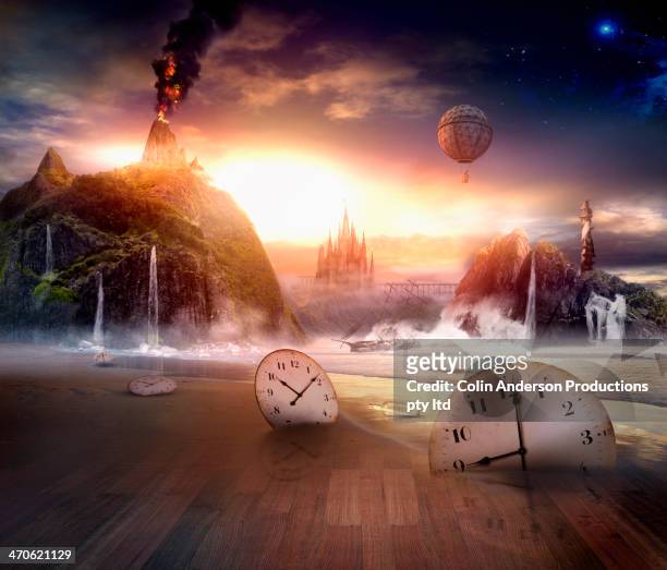 clocks in dramatic landscape - dreamlike stock pictures, royalty-free photos & images