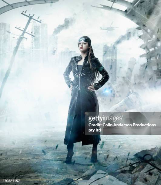 mixed race woman in apocalyptic city - superman reveal stock pictures, royalty-free photos & images