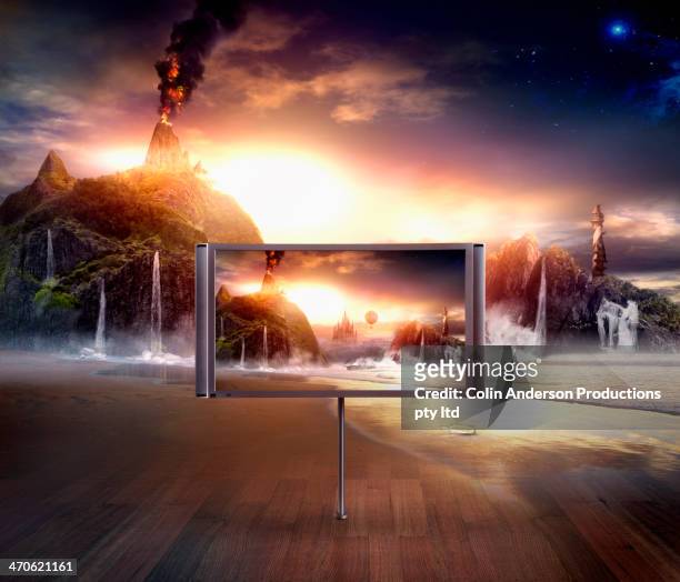television screen in dramatic landscape - high definition television television set stock pictures, royalty-free photos & images