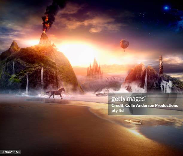 sun rising over dramatic landscape - fantasy castle stock pictures, royalty-free photos & images