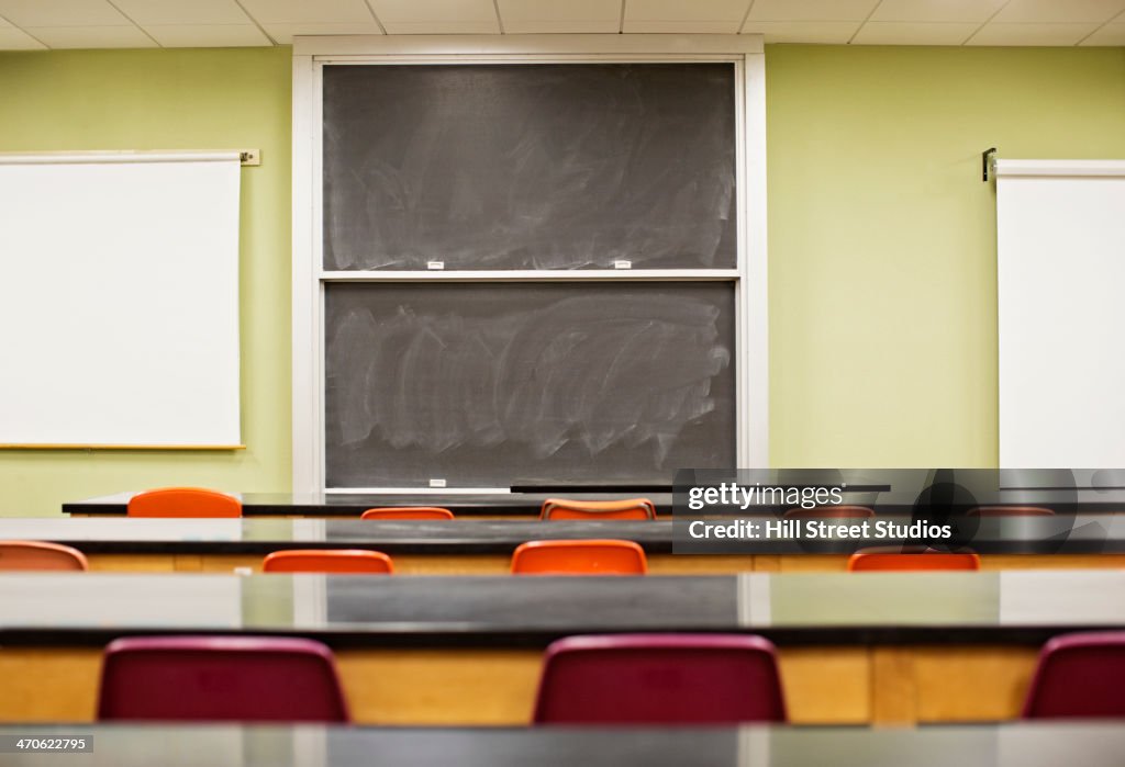 Tables and blackboard in empty lecture hall