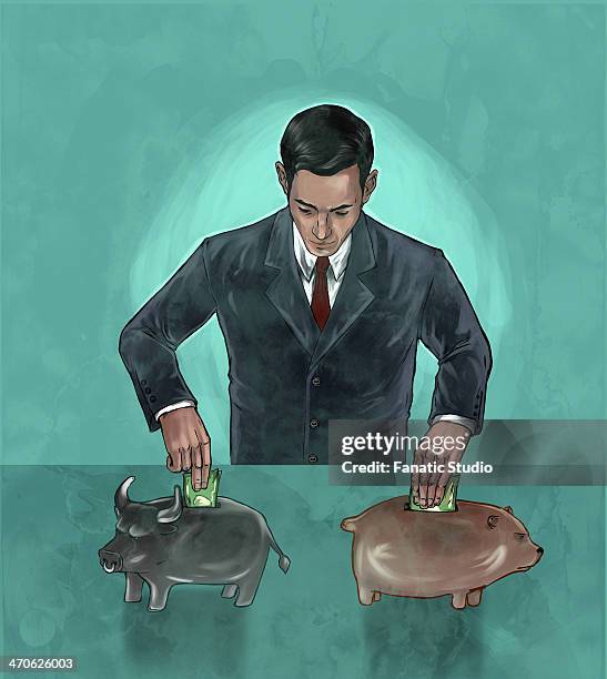 illustrative image of businessman investing money into bear and bull market representing hedging funds - hedge fund stock-grafiken, -clipart, -cartoons und -symbole