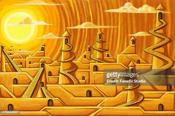 ilustrações, clipart, desenhos animados e ícones de illustrative image of puzzled steps with towers representing growth - escada caracol