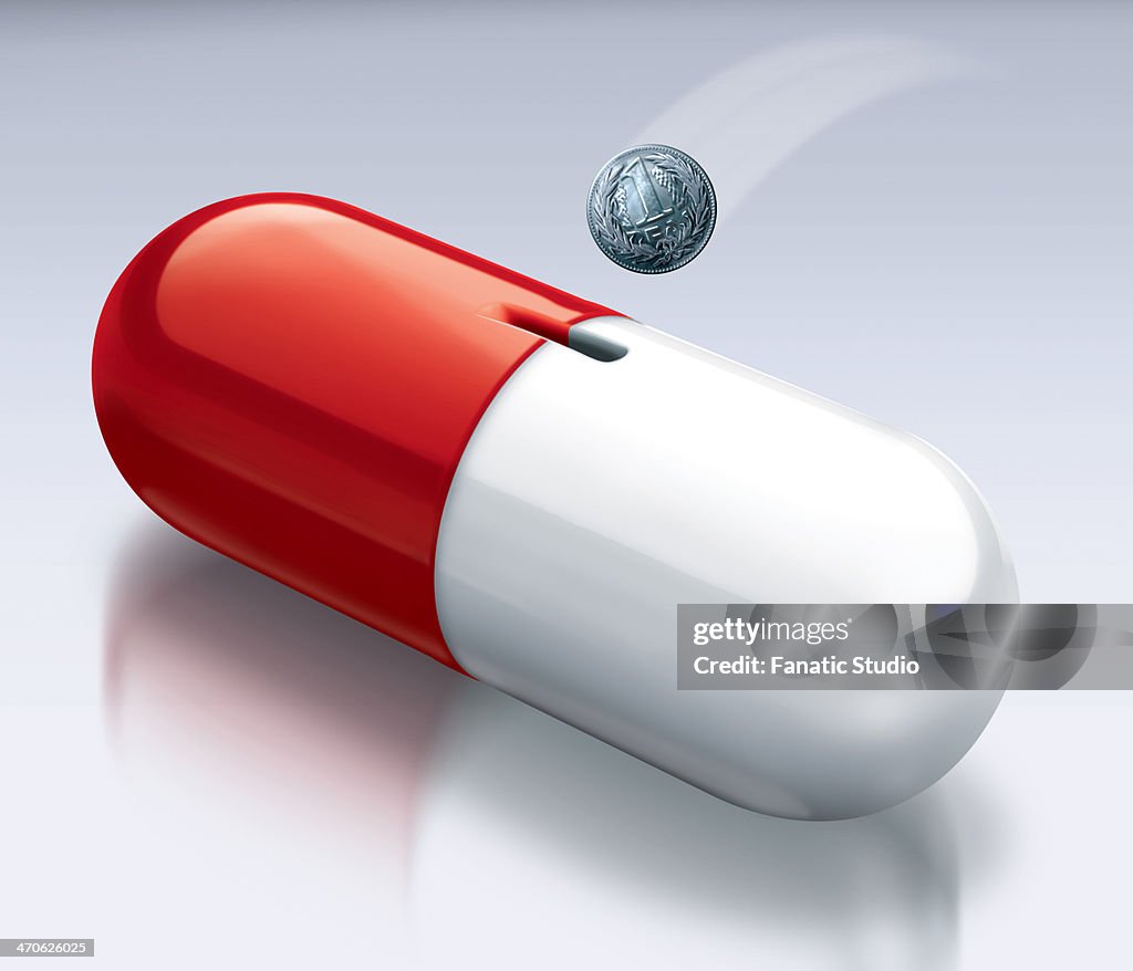 Illustrative image of coin falling into capsule representing medical cost