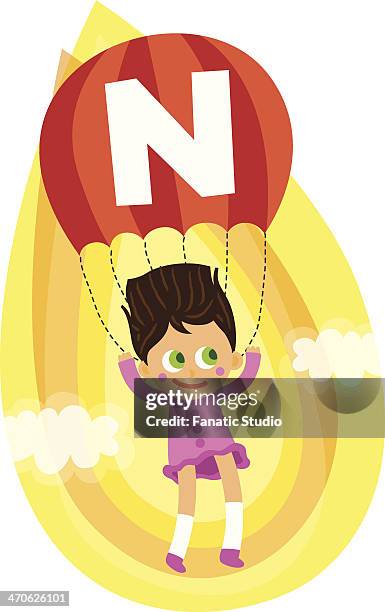 illustration of girl parasailing in mid air - parascending stock illustrations